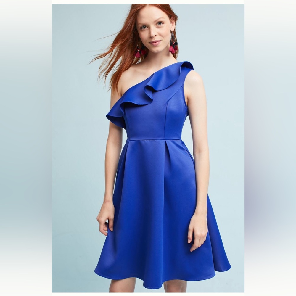 Shreya One-Shoulder Dress by Anthropologie. Beautiful blue. Size 8. No flaws.